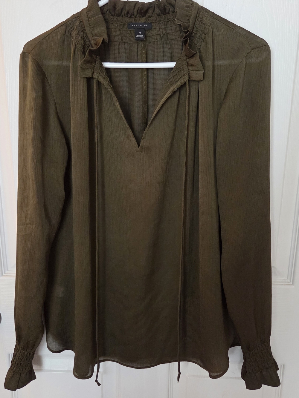 Ann Taylor Olive V-Neck Smocked Tie Blouse, XS